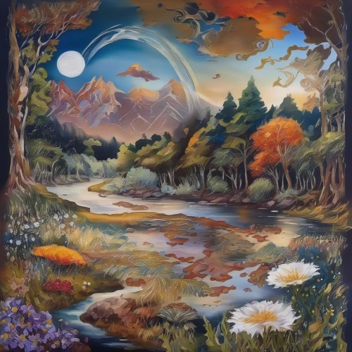 oil painting on canvas,salt meadow landscape,autumn landscape,khokhloma painting,oil on canvas,fantasy landscape,mushroom landscape,forest landscape,nature landscape,oil painting,art painting,mother earth,indigenous painting,meadow landscape,fantasy art,mountain scene,river landscape,fall landscape,panoramic landscape,brook landscape,Illustration,Paper based,Paper Based 04