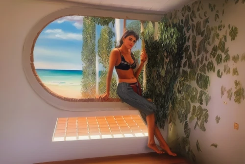 window seat,window with sea view,digital compositing,aircraft cabin,inverted cottage,travel woman,ms island escape,big window,cabana,rest room,image manipulation,window treatment,bedroom window,female model,window released,sliding door,holiday villa,tanning bed,cabin,porthole,Illustration,Paper based,Paper Based 04