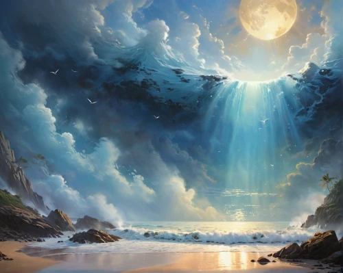 fantasy landscape,fantasy picture,sea landscape,ocean background,fantasy art,heavenly ladder,the endless sea,the pillar of light,celestial phenomenon,seascape,landscape background,ocean,lunar landscape,world digital painting,celestial,coastal landscape,god of the sea,cliffs ocean,heaven gate,celestial body,Conceptual Art,Daily,Daily 01