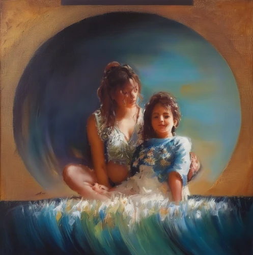 oil painting,little girl and mother,capricorn mother and child,oil painting on canvas,oil on canvas,mother with child,mother and child,mermaids,child portrait,water nymph,mother and daughter,sirens,oil paint,the sea maid,mother and infant,nautical children,girl with a dolphin,the people in the sea,el mar,cherubs,Illustration,Paper based,Paper Based 04