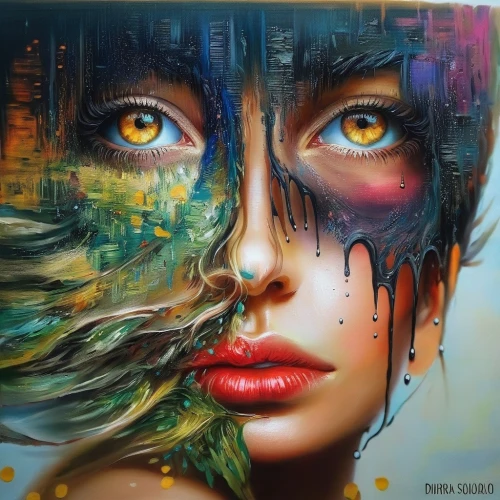 oil painting on canvas,fantasy art,art painting,mystical portrait of a girl,psychedelic art,boho art,graffiti art,street artist,masquerade,bodypainting,splintered,glass painting,abstract artwork,meticulous painting,fineart,oil painting,fantasy portrait,visual art,woman face,kahila garland-lily,Illustration,Paper based,Paper Based 04
