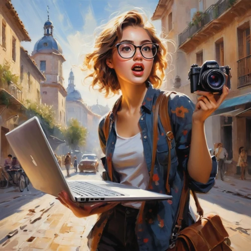 a girl with a camera,world digital painting,girl at the computer,camera illustration,digital nomads,girl in a historic way,girl studying,the blonde photographer,photoshop school,travel woman,nikon,woman eating apple,artist portrait,portrait photographers,woman holding a smartphone,creative background,journalist,painting technique,the girl's face,girl drawing,Conceptual Art,Oil color,Oil Color 03