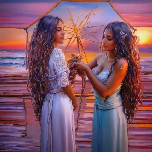 celtic woman,fantasy picture,oil painting on canvas,boho art,sun and moon,connectedness,romantic portrait,angels,sirens,fantasy art,two girls,beautiful photo girls,beach background,oil painting,romantic scene,world digital painting,mermaids,mirror image,art painting,oil on canvas,Illustration,Paper based,Paper Based 04