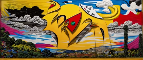 mural,graffiti art,panoramical,wall painting,yellow mountains,grafitty,psychedelic art,graffiti,meticulous painting,dali,grafiti,streetart,murals,el salvador dali,indigenous painting,grafitti,aerosol,glass painting,abstract cartoon art,artwork