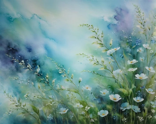 meadow in pastel,flower painting,watercolor blue,summer meadow,watercolour flowers,watercolor background,flowering meadow,watercolor floral background,cotton grass,watercolor flowers,small meadow,flower meadow,grasses in the wind,spring meadow,meadow flowers,blue painting,watercolor texture,meadow landscape,watercolour flower,meadows of dew,Illustration,Paper based,Paper Based 15