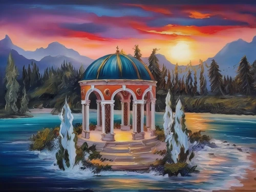 water palace,water castle,fountain of the moor,khokhloma painting,arabic background,khazne al-firaun,fairy tale castle,marble palace,fantasy landscape,church painting,mosques,landscape background,wishing well,oil painting on canvas,moor fountain,taj-mahal,fantasy picture,art painting,fountain pond,house of allah,Illustration,Paper based,Paper Based 04