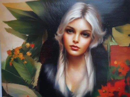 oil painting on canvas,fantasy portrait,mystical portrait of a girl,oil painting,girl in a wreath,blonde woman,girl portrait,art painting,oil on canvas,girl with tree,woman portrait,fantasy art,portrait of a girl,photo painting,italian painter,gothic portrait,ginko,young woman,oil paint,girl in flowers,Illustration,Paper based,Paper Based 04