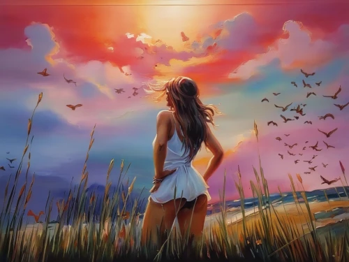 art painting,oil painting on canvas,landscape background,world digital painting,photo painting,fantasy art,fantasy picture,oil painting,creative background,boho art,colored pencil background,girl on the dune,girl walking away,dance with canvases,summer evening,love background,image manipulation,colorful background,tramonto,sunset,Illustration,Paper based,Paper Based 04