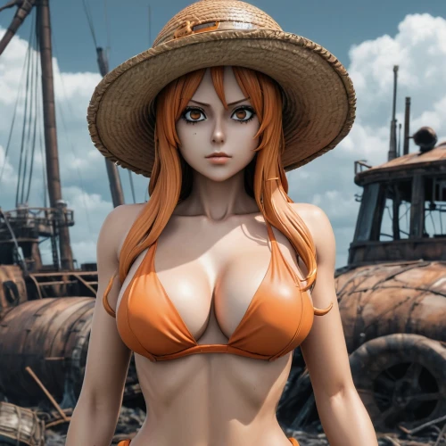 nami,straw hat,asuka langley soryu,straw hats,one piece,kotobukiya,one-piece swimsuit,sun hat,summer hat,pirate,high sun hat,anime 3d,beach background,the sea maid,marina,seafaring,jin deui,boat operator,sailing orange,mock sun hat,Conceptual Art,Fantasy,Fantasy 33