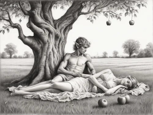 adam and eve,garden of eden,apple pair,idyll,young couple,apple harvest,apple trees,apple orchard,walnut trees,apple tree,basket of apples,romantic scene,picnic,charcoal drawing,orchards,chalk drawing,woman eating apple,apple picking,the cradle,apples,Illustration,Black and White,Black and White 35