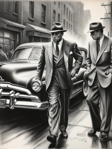 chalk drawing,businessmen,al capone,charcoal drawing,vintage drawing,pencil drawings,vintage art,pencil drawing,gentleman icons,business men,vintage illustration,cadillac de ville series,oil painting on canvas,film noir,ford motor company,white-collar worker,art tatum,private investigator,black businessman,mobster couple,Illustration,Black and White,Black and White 35