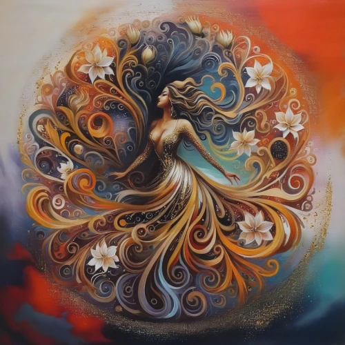 boho art,oil painting on canvas,fire artist,mantra om,colorful spiral,radha,psychedelic art,cosmic flower,fire dancer,mystical portrait of a girl,indian art,chalk drawing,passion bloom,art painting,fairy peacock,belly painting,aura,swirling,krishna,oil painting,Illustration,Paper based,Paper Based 04