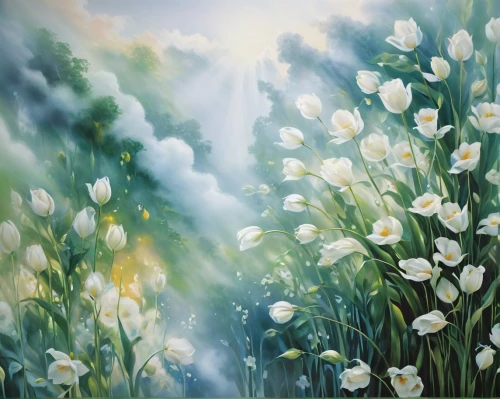 white tulips,flower painting,cotton grass,jonquils,tulip white,lilly of the valley,lilies of the valley,tulip background,lily of the field,white water lilies,white daisies,springtime background,snowdrop anemones,snowdrops,tulip flowers,daffodils,snowdrop,spring background,meadow in pastel,lily of the valley,Conceptual Art,Daily,Daily 16