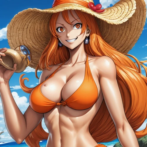 nami,straw hat,one piece,summer hat,sun hat,coconut hat,straw hats,one-piece swimsuit,high sun hat,summer background,onepiece,asuka langley soryu,beach background,summer crown,parasol,mock sun hat,summer swimsuit,elza,alibaba,orange,Illustration,American Style,American Style 13