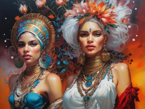 headdress,fantasy art,boho art,shamanic,indian headdress,aztecs,feather headdress,shamanism,oil painting on canvas,adornments,fantasy picture,two girls,orientalism,balinese,peruvian women,gypsy soul,maori,psychedelic art,sirens,brazil carnival,Illustration,Paper based,Paper Based 04