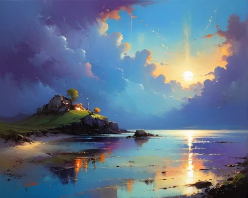 fantasy landscape,coastal landscape,sea landscape,landscape background,evening atmosphere,world digital painting,beach landscape,coast sunset,an island far away landscape,fantasy picture,high landscape,futuristic landscape,eventide,colorful light,summer evening,seascape,mountain sunrise,atmosphere sunrise sunrise,fantasy art,beautiful landscape,Conceptual Art,Sci-Fi,Sci-Fi 22