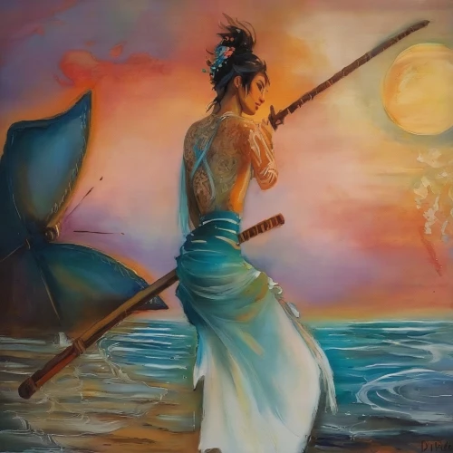 moana,man at the sea,el mar,warrior woman,khokhloma painting,sea god,krishna,god of the sea,poseidon,wind warrior,the sea maid,indian art,indigenous painting,fisherman,oil painting on canvas,ramayan,janmastami,petulubali,bansuri,the wind from the sea,Illustration,Paper based,Paper Based 04