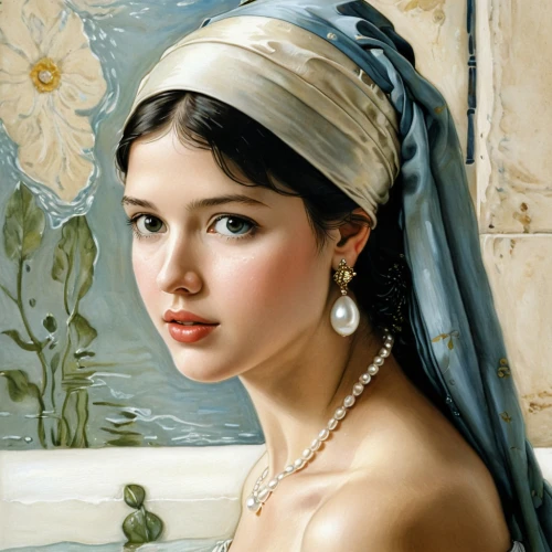 emile vernon,young woman,bathing,bath oil,portrait of a girl,cleopatra,girl with cloth,the girl in the bathtub,romantic portrait,bath,vintage female portrait,water nymph,oil painting,young lady,bathtub,girl portrait,bath with milk,shower cap,bonnet,woman portrait,Illustration,Paper based,Paper Based 29