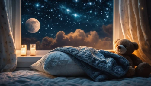 romantic night,night image,dreaming,teddy bear waiting,good night,dream world,night stars,dreams,dreamland,night scene,sleeping room,stargazing,sleep,night time,you night,sleeping,fantasy picture,moon and star background,insomnia,night star,Photography,General,Fantasy