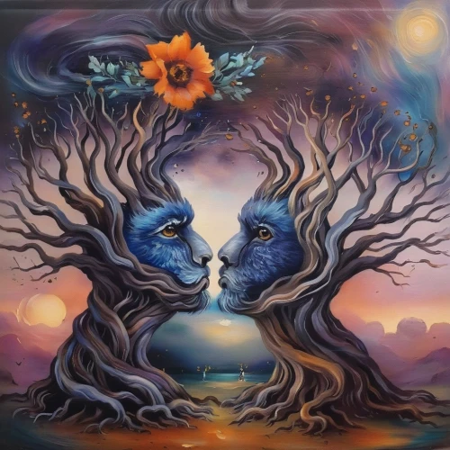 mother earth,tree of life,all forms of love,amorous,intertwined,adam and eve,garden of eden,couple boy and girl owl,tree heart,psychedelic art,colorful tree of life,couple in love,mirror of souls,the luv path,oil painting on canvas,surrealism,love in the mist,blue moon rose,the branches of the tree,entwined,Illustration,Paper based,Paper Based 04