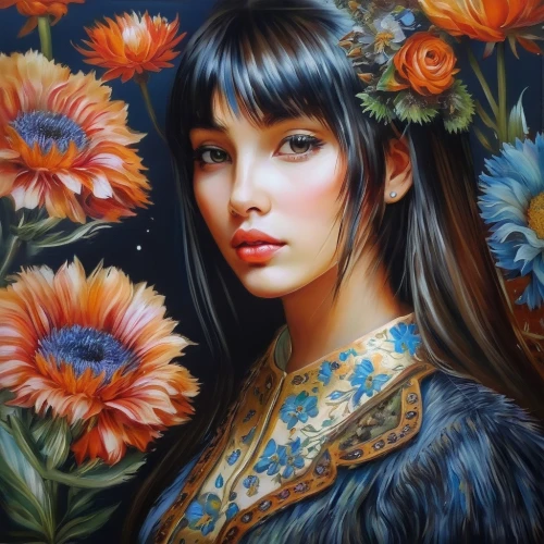 girl in flowers,beautiful girl with flowers,flower painting,chinese art,mystical portrait of a girl,fantasy portrait,oriental girl,splendor of flowers,asian woman,boho art,vietnamese woman,oriental princess,wreath of flowers,tiger lily,flower art,girl portrait,flora,fantasy art,oriental painting,romantic portrait,Illustration,Paper based,Paper Based 04