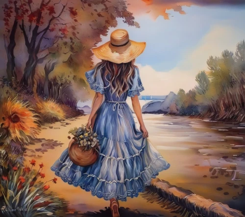 girl on the river,woman walking,watercolor women accessory,oil painting on canvas,girl walking away,oil painting,country dress,art painting,girl in a long dress,photo painting,fabric painting,the blonde in the river,watercolor background,watercolor painting,painting technique,girl picking flowers,woman playing,southern belle,oil on canvas,landscape background,Illustration,Paper based,Paper Based 04