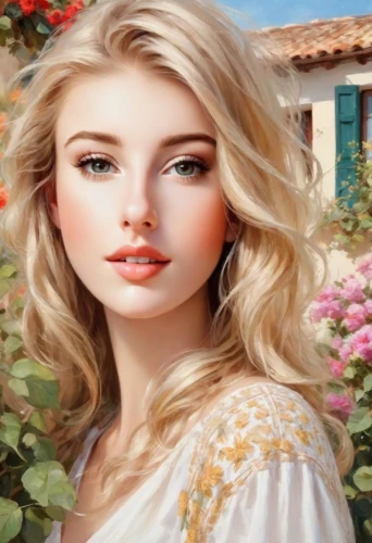 blonde woman,girl in flowers,romantic portrait,beautiful girl with flowers,blond girl,photo painting,young woman,girl in the garden,jessamine,blonde girl,romantic look,italian painter,portrait background,fantasy portrait,world digital painting,art painting,realdoll,splendor of flowers,eglantine,young lady