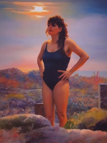 rhonda rauzi,world digital painting,retro woman,girl on the river,mai tai,oil on canvas,oil painting,paloma,maspalomas,photo painting,majorelle blue,ann margarett-hollywood,venus,italian painter,digital painting,art model,pin-up model,girl in swimsuit,tankini,la violetta,Illustration,Paper based,Paper Based 04