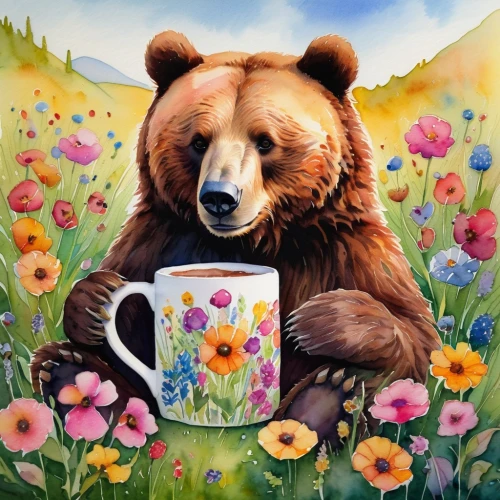 coffee tea illustration,bear kamchatka,ivan-tea,cute bear,brown bear,pandoro,bear,flower painting,nordic bear,flower animal,drinking coffee,great bear,kodiak bear,a cup of coffee,tea drinking,a cup of tea,bears,cup of coffee,kopi luwak,bear teddy,Conceptual Art,Daily,Daily 01