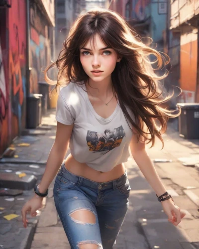 girl in t-shirt,girl walking away,world digital painting,skater,jeans background,digital painting,woman walking,pedestrian,lara,croft,game illustration,alley cat,alley,graffiti,jean shorts,hong,young woman,girl portrait,sprint woman,sexy woman,Photography,Natural
