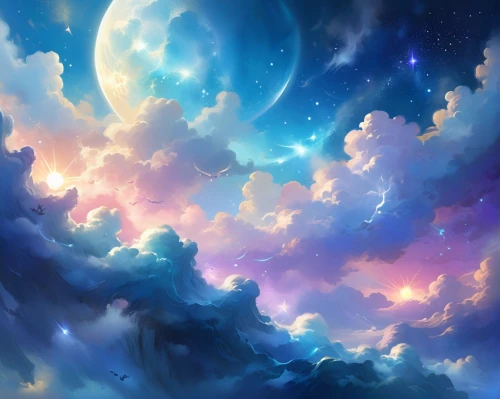 fantasy landscape,sky,unicorn background,night sky,sky clouds,moon and star background,ocean background,celestial,sea of clouds,full hd wallpaper,lunar landscape,skies,nightsky,the night sky,blue sky clouds,cloudscape,dream world,skyscape,clouds - sky,clouds,Illustration,Realistic Fantasy,Realistic Fantasy 01