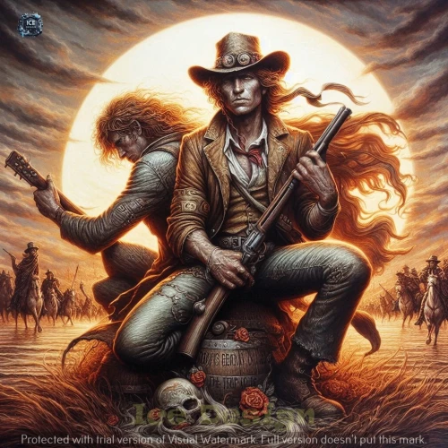 western riding,country-western dance,gunfighter,cowboy,cowboy bone,pilgrim,banjo player,falconer,album cover,itinerant musician,wild west,cd cover,horseman,cowboy mounted shooting,fantasy art,western,stetson,gamekeeper,drover,hatter