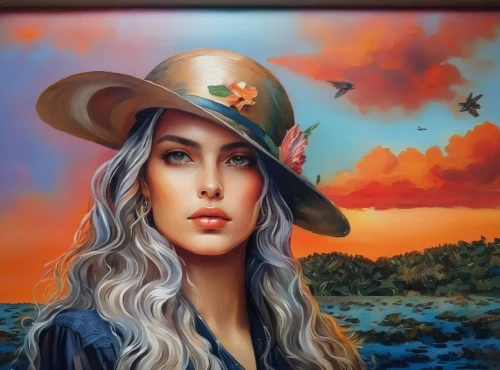 woman's hat,oil painting on canvas,the hat of the woman,girl wearing hat,the hat-female,fantasy portrait,art painting,oil painting,fantasy art,oil on canvas,women's hat,painting technique,leather hat,italian painter,glass painting,mystical portrait of a girl,cowboy hat,custom portrait,ladies hat,cowgirl,Illustration,Paper based,Paper Based 04