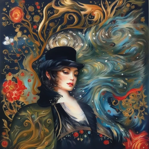victorian lady,the hat of the woman,oil painting on canvas,black hat,woman's hat,art nouveau,fantasy portrait,geisha girl,geisha,oil painting,girl wearing hat,oil on canvas,mystical portrait of a girl,the hat-female,girl in flowers,flora,beautiful bonnet,the sea maid,the carnival of venice,portrait of a girl,Illustration,Paper based,Paper Based 04