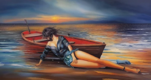 girl on the boat,the sea maid,oil painting on canvas,art painting,oil painting,fantasy art,sea fantasy,seafaring,boat landscape,sea landscape,italian painter,at sea,el mar,photo painting,sailing-boat,fantasy picture,boat on sea,seascape,canoe,sea breeze,Illustration,Paper based,Paper Based 04