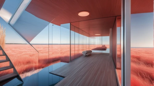 dunes house,observation deck,cubic house,sky space concept,hallway space,sky apartment,glass wall,the observation deck,room divider,sliding door,landscape red,glass facade,futuristic architecture,ufo interior,virtual landscape,mirror house,shipping container,shipping containers,window covering,corten steel,Photography,General,Realistic