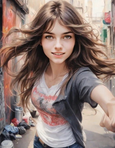 girl in t-shirt,girl with speech bubble,world digital painting,photo painting,sprint woman,girl in a long,girl portrait,the girl's face,digital painting,girl drawing,young woman,hand digital painting,painting technique,girl walking away,woman pointing,portrait background,adobe photoshop,anime 3d,creative background,mystical portrait of a girl,Digital Art,Watercolor
