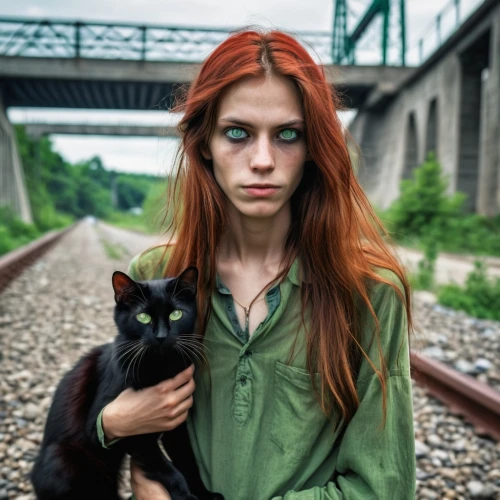 red cat,the girl at the station,ritriver and the cat,stray cat,cat,feral cat,the cat,street cat,ginger cat,gothic portrait,feline look,cat's eyes,cat european,firestar,heterochromia,railroad,cat with blue eyes,feline,girl with dog,samara,Photography,General,Realistic
