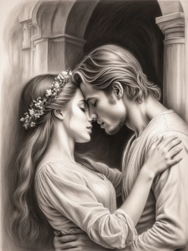 romantic portrait,amorous,romantic scene,young couple,romance novel,gothic portrait,love in the mist,a fairy tale,fairytale,tangled,prince and princess,fairy tale,jesus in the arms of mary,scent of roses,fantasy picture,the carnival of venice,lover's grief,waltz,jessamine,beautiful couple,Illustration,Black and White,Black and White 35