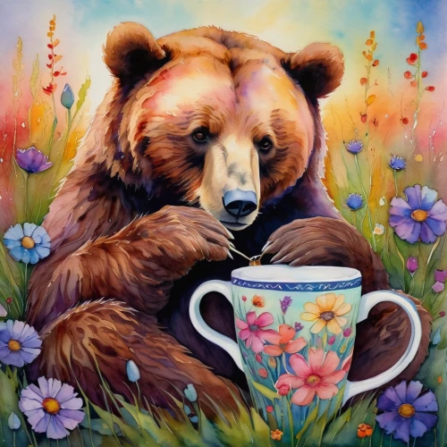 brown bear,cute bear,bear kamchatka,coffee tea illustration,ivan-tea,slothbear,bear,great bear,scandia bear,coffee break,coffee background,drinking coffee,bears,bear teddy,nordic bear,woman drinking coffee,bear bow,a cup of coffee,cup of coffee,whimsical animals,Illustration,Realistic Fantasy,Realistic Fantasy 30