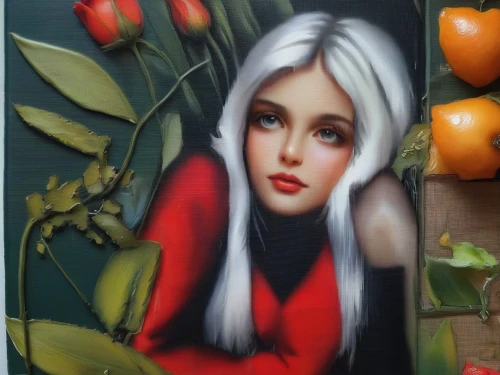 paprika,woman eating apple,poppy on the cob,painter doll,chopping board,rosehips,girl picking apples,oil painting on canvas,artist doll,watermelon painting,tomatos,glass painting,oil painting,kitchen towel,girl in flowers,rose hips,blonde girl with christmas gift,green paprika,sushi art,fabric painting,Illustration,Paper based,Paper Based 04