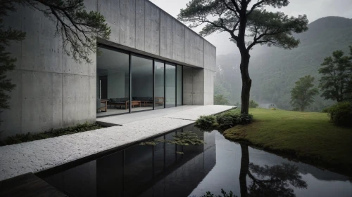 house in mountains,lago grey,house in the mountains,house with lake,asian architecture,mirror house,exposed concrete,guizhou,house by the water,chinese architecture,foggy landscape,modern architecture,dunes house,zen garden,concrete slabs,modern house,private house,water mist,residential house,beautiful home