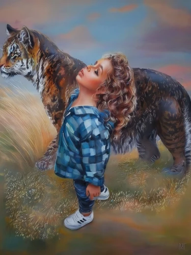 oil painting,oil painting on canvas,she feeds the lion,maincoon,siberian cat,girl with dog,oil on canvas,art painting,big cats,little girl in wind,red tabby,child playing,child portrait,norwegian forest cat,hunting scene,tiger cub,animals hunting,chalk drawing,lion children,girl and boy outdoor,Illustration,Paper based,Paper Based 04