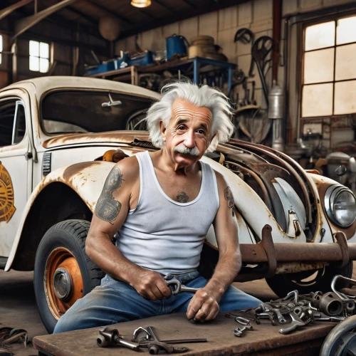 car mechanic,auto repair,auto mechanic,automobile repair shop,auto repair shop,car repair,mechanic,usa old timer,bicycle mechanic,buick y-job,volkswagen beetle,albert einstein,hotrod car,rat rod,junkyard,junk yard,car-parts,automotive care,scrap dealer,volkswagen new beetle