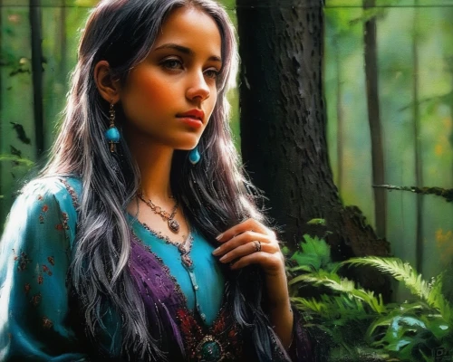 fantasy portrait,mystical portrait of a girl,elven,fantasy art,indian woman,polynesian girl,faerie,faery,fantasy picture,the enchantress,world digital painting,celtic queen,boho art,shamanic,jasmine,oil painting on canvas,native american,indian girl,girl with tree,sorceress,Illustration,Paper based,Paper Based 03