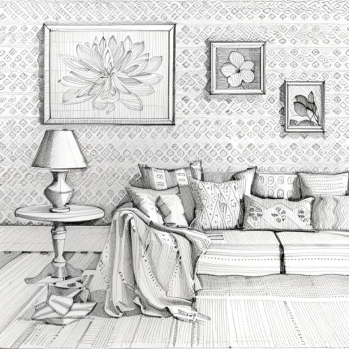 pencil art,bedroom,yellow wallpaper,vintage drawing,sofa,painting pattern,the little girl's room,pencil drawings,black and white pattern,danish room,livingroom,sofa set,children's bedroom,background pattern,vintage wallpaper,pencil drawing,pencil frame,guest room,vintage theme,white room,Design Sketch,Design Sketch,Hand-drawn Line Art