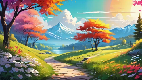 landscape background,autumn mountains,autumn background,autumn landscape,mountain scene,fall landscape,fantasy landscape,mountain landscape,springtime background,spring background,nature landscape,mushroom landscape,forest background,forest landscape,colorful background,mountainous landscape,pathway,cartoon video game background,hiking path,salt meadow landscape,Conceptual Art,Daily,Daily 24