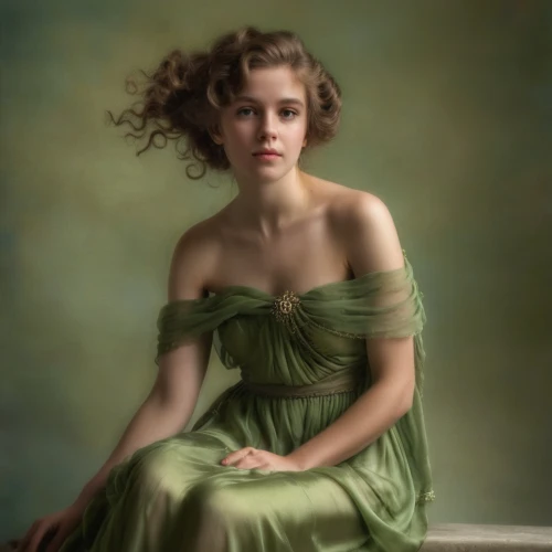 girl in a long dress,vintage female portrait,young woman,girl in cloth,girl with cloth,portrait of a girl,romantic portrait,vintage woman,green dress,girl portrait,woman portrait,mystical portrait of a girl,portrait photographers,fantasy portrait,digital painting,young lady,girl in a long,woman sitting,a girl in a dress,photo painting,Photography,General,Realistic