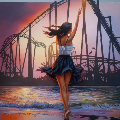 dance with canvases,girl on the river,ballerina girl,photo painting,oil painting on canvas,oil painting,girl walking away,cantilever bridge,art painting,little girl twirling,fabric painting,girl in a long,painting technique,tightrope walker,harbor bridge,world digital painting,santa monica pier,bridge,dancer,girl in a long dress,Illustration,Paper based,Paper Based 04