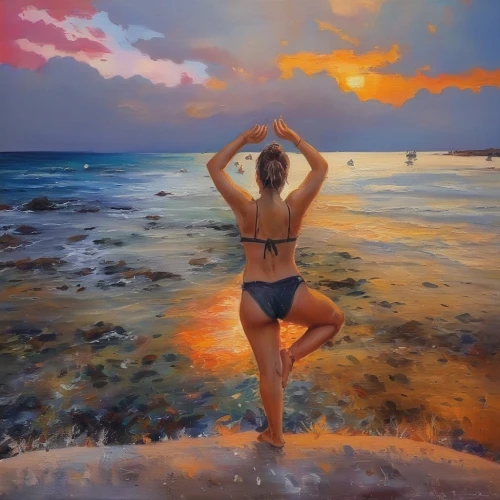 sun salutation,yoga silhouette,hula,oil painting,oil painting on canvas,kauai,aruba,oil on canvas,yoga,world digital painting,maui,aloha,photo painting,beach background,sunrise beach,tamarama,ayia napa,maspalomas,cozumel,qi gong,Illustration,Paper based,Paper Based 04